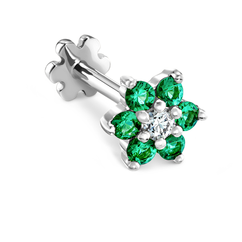 Emerald and Diamond Flower Threaded Stud Earring With Titanium Backing