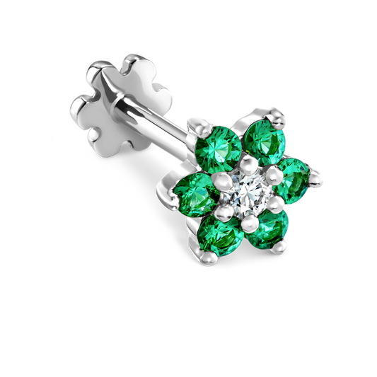 Emerald and Diamond Flower Threaded Stud Earring With Titanium Backing