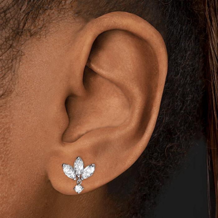 Diamond Engraved Lotus with Dangle Threaded Stud Earring With Titanium Backing